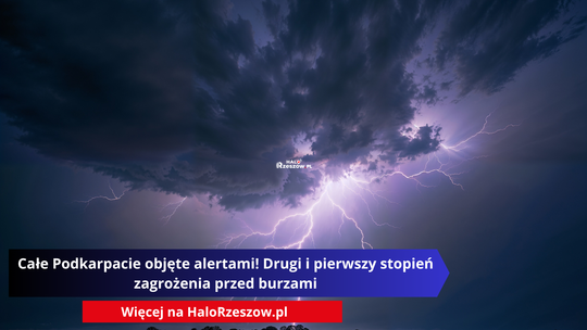 Biała błyskawica uderzająca na ciemnym, burzowym niebie. W dolnej części obrazu znajduje się niebieski pasek z białym tekstem: "Całe Podkarpacie objęte alertami! Drugi i pierwszy stopień zagrożenia przed burzami