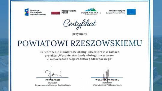 Certyfikat Wysokich standardów obsługi inwestora dla powiatu rzeszowskiego