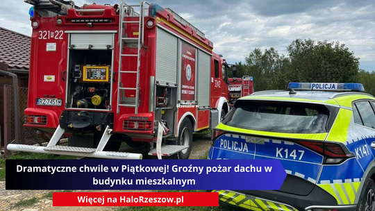Wóz strażacki i radiowóz policyjny na miejscu akcji ratunkowej. Z prawej strony widoczny tył policyjnego radiowozu Kia z nowym malowaniem i napisem „POLICJA” oraz numerem taktycznym K147. Po lewej stoi czerwony ciężarowy wóz strażacki