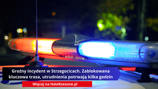 Groźny incydent w Strzegocicach. Zablokowana kluczowa trasa, utrudnienia potrwają kilka godzin