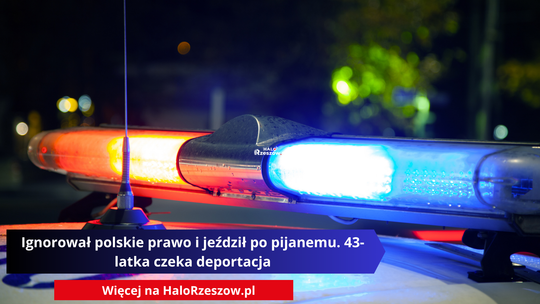 djęcie włączonego koguta policyjnego z czerwonymi i niebieskimi światłami oraz anteną radiową na dachu radiowozu, z rozmytym tłem miasta