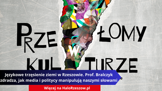 Grafika zapowiadająca wydarzenie z serii „Przełomy w Kulturze”. Tytuł główny na szarym, teksturalnym tle: PRZEŁOMY W KULTURZE. W dolnej części grafiki niebiesko-czarna belka z tytułem artykułu o prof. Jerzym Bralczyku w Rzeszowie i logo portalu HaloRzeszow.pl.