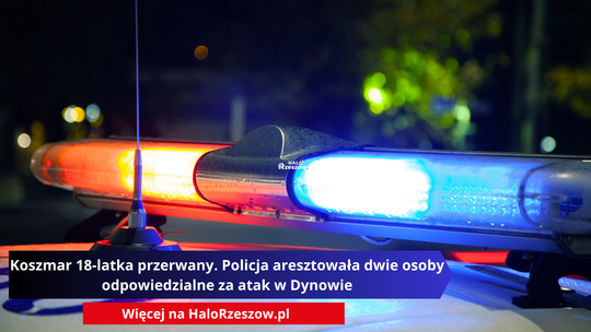 Nocne zdjęcie przedstawiające zbliżenie na włączoną, świecącą na czerwono i niebiesko belkę sygnalizacyjną na dachu policyjnego radiowozu
