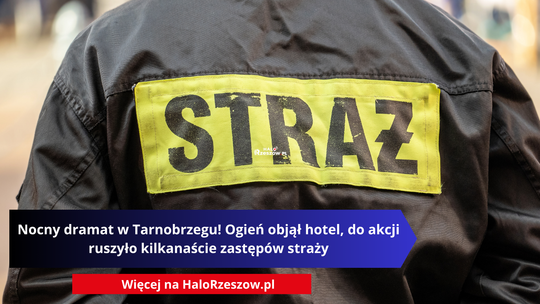 Plecy strażaka w czarnym mundurze z żółtą naszywką STRAŻ oraz nałożonym napisem informującym o nocnym pożarze hotelu w Tarnobrzegu.