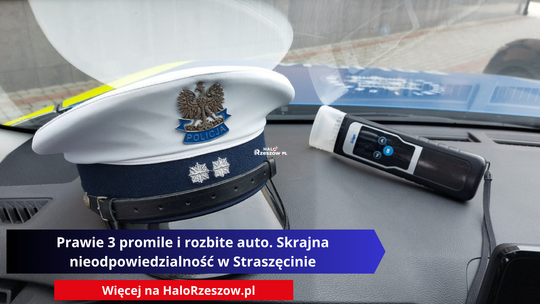 Biała czapka policyjna z godłem oraz alkomat leżące na desce rozdzielczej wewnątrz policyjnego radiowozu.