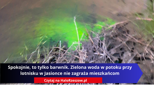 Spokojnie, to tylko barwnik. Zielona woda w potoku przy lotnisku w Jasionce nie zagraża mieszkańcom