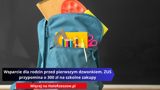 Niebieski plecak szkolny wypełniony przyborami, takimi jak kredki, nożyczki, ekierka i zeszyty, na tle czarnej tablicy.
