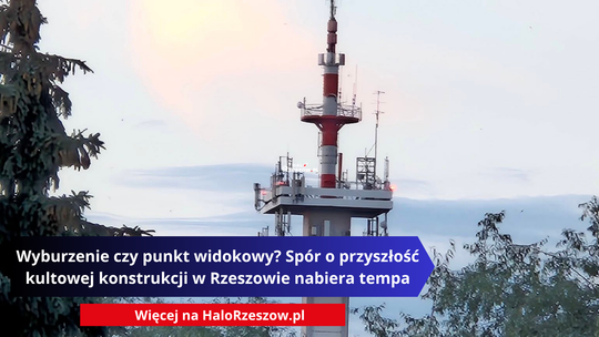 Radiowo-telewizyjna wieża nadawcza na Rzeszowskiej Baranówce z czerwonobiałą iglicą, z nałożonym nagłówkiem prasowym.