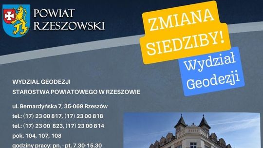 Zmiana siedziby Wydziału Geodezji Starostwa Powiatowego w Rzeszowie