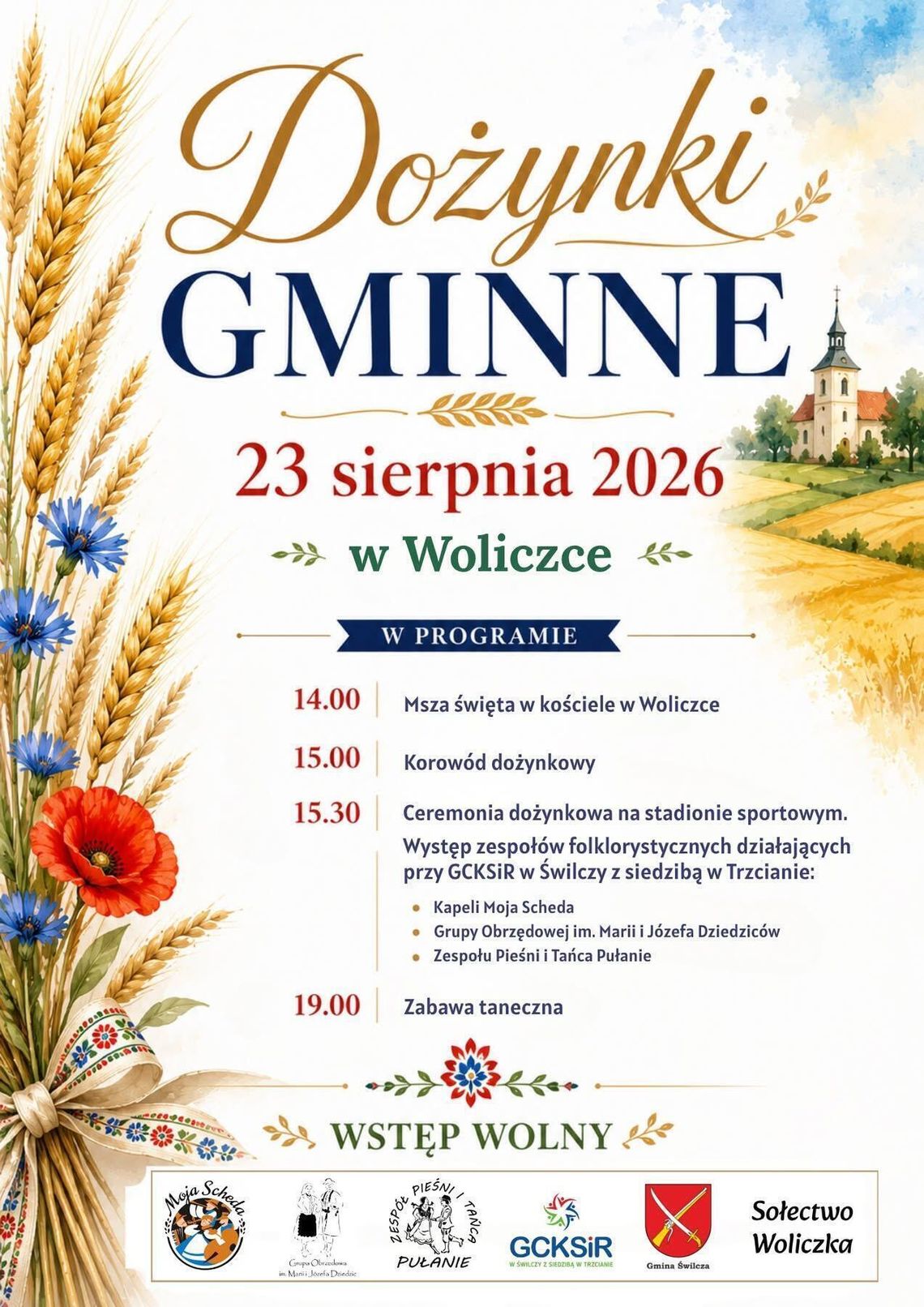 Dożynki Gminne w Woliczce już jutro! Święto Plonów Gminy Świlcza z korowodem, występami i zabawą taneczną Dożynki 2026. Woliczka , gmina Świlcza.