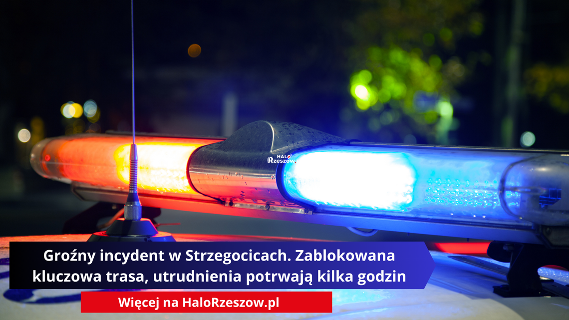 Groźny incydent w Strzegocicach. Zablokowana kluczowa trasa, utrudnienia potrwają kilka godzin Groźny incydent w Strzegocicach. Zablokowana kluczowa trasa, utrudnienia potrwają kilka godzin