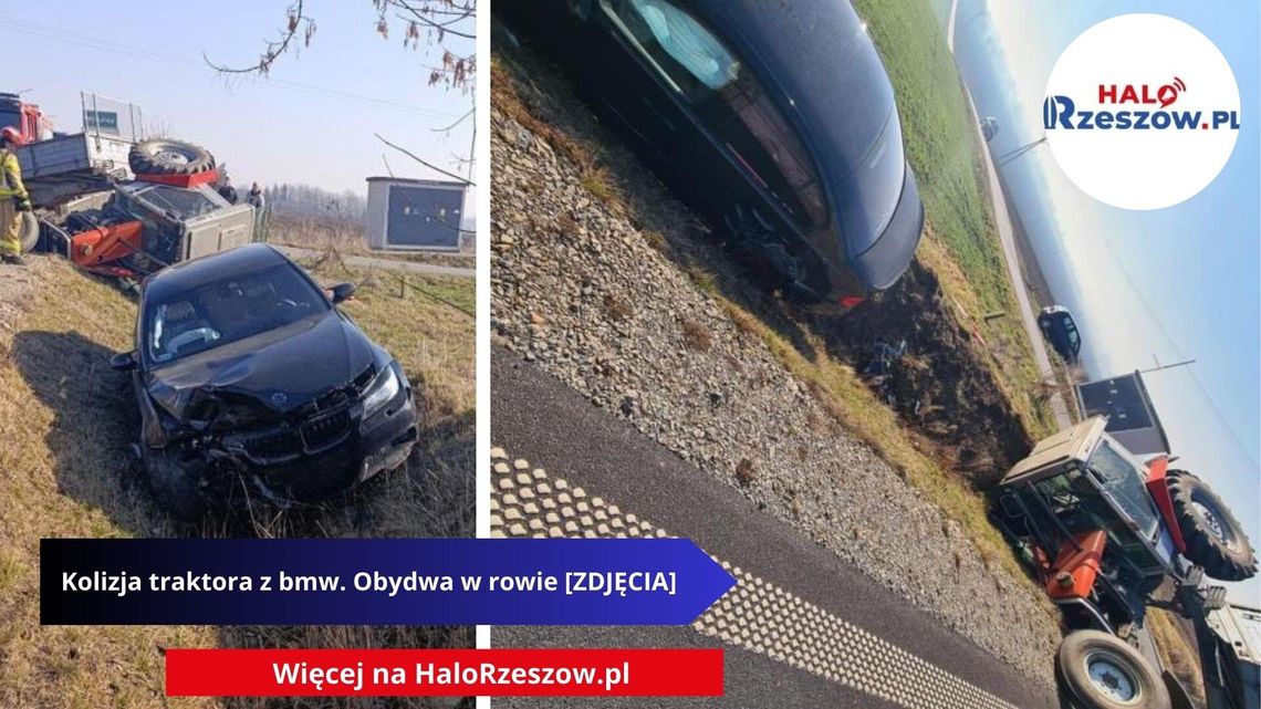 Kolizja traktora z bmw. Obydwa w rowie [ZDJĘCIA]