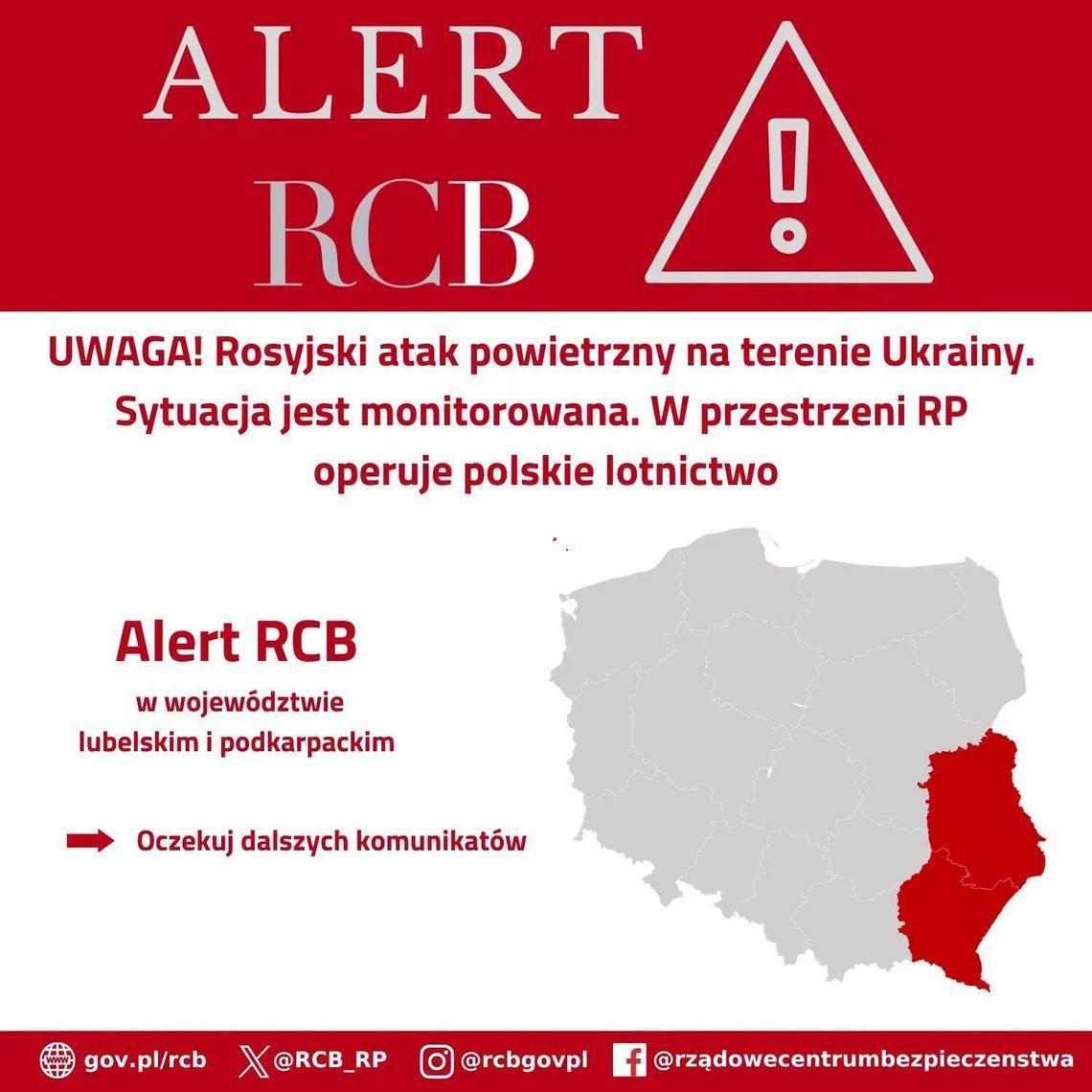 Rosyjski atak na Ukrainę. Od rana dwa alerty RCB na Podkarpaciu i myśliwce w powietrzu Rosyjski atak na Ukrainę. Od rana dwa alerty RCB na Podkarpaciu i myśliwce w powietrzu