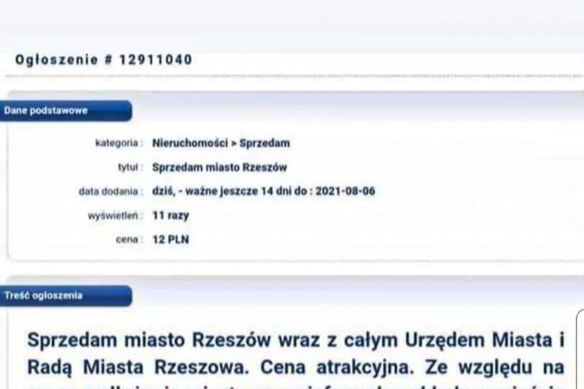 Rzeszów na sprzedaż za 12 zł, wraz z urzędem i radą miasta