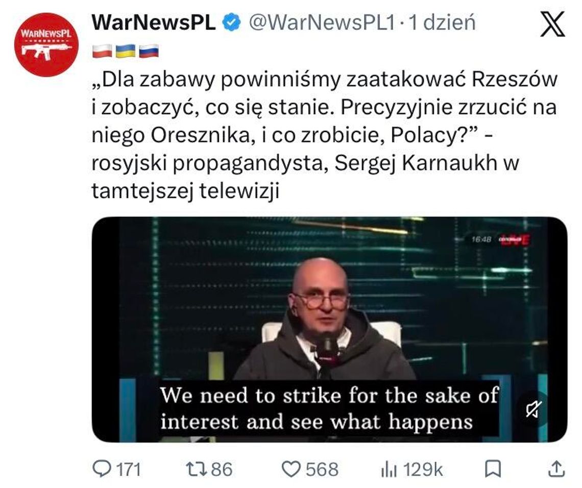 Uderzmy w Rzeszów i zobaczmy, co się stanie”. Szokujące słowa rosyjskiego propagandysty wywołały burzę Uderzmy w Rzeszów i zobaczmy, co się stanie”. Szokujące słowa rosyjskiego propagandysty wywołały burzę