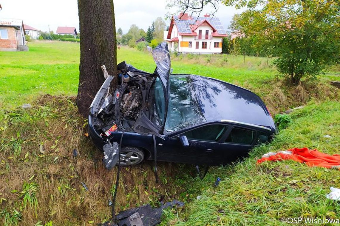 Wiśniowa. Samochód uderzył w drzewo.