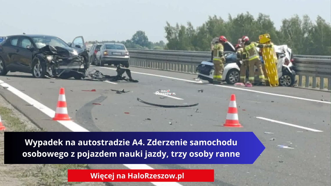Wypadek na autostradzie A4. Zderzenie samochodu osobowego z pojazdem nauki jazdy, trzy osoby ranne