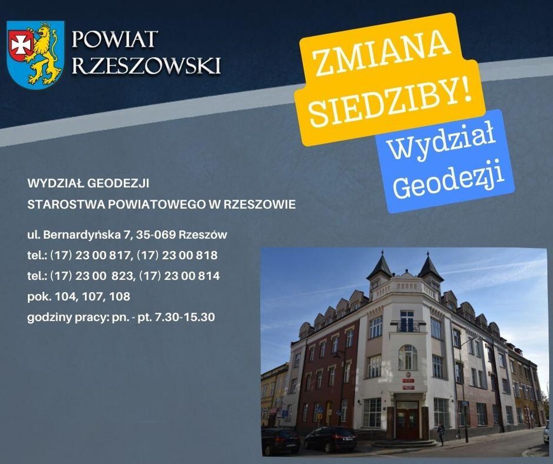 Zmiana siedziby Wydziału Geodezji Starostwa Powiatowego w Rzeszowie