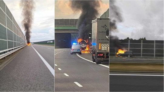 Pożar samochodu na lawecie na autostradzie A4 [ZDJĘCIA]